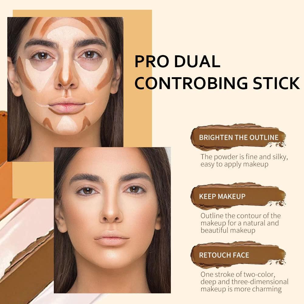 KARNAR 2 Colors Cream Contour Sticks Makeup Kit, Primer Face Highlighter Contouring for Beginners, Highlight and Contour Kit, Cream Concealer Makeup Blur Stick, Primer Face Corrector 1#
