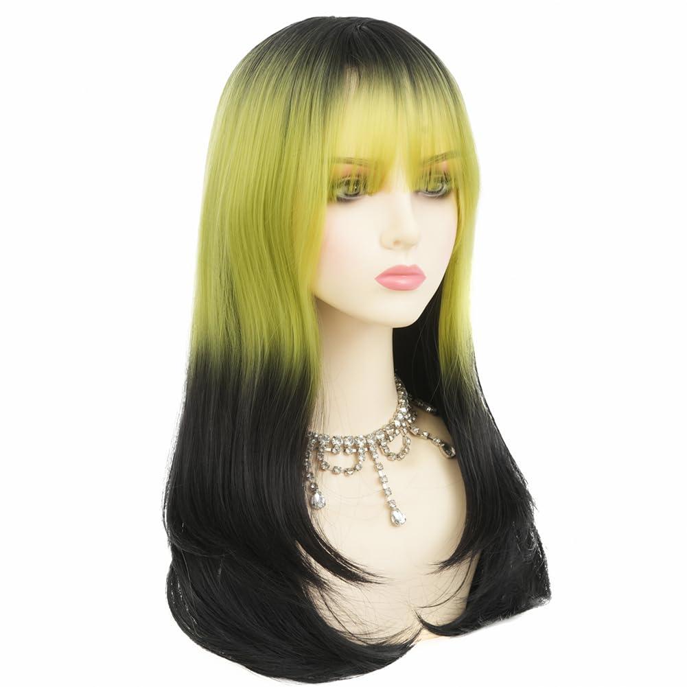 Dai Cloud Dai Cloud Womens Black to Green Long Straight Wig with Bangs Ombre Green Synthetic Natural Hair Wig for Daily Cosplay Halloween Use