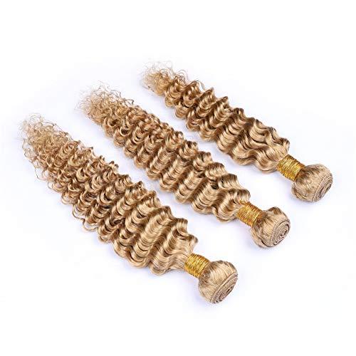 General Cloud Hair Deep Wave Curly Honey Blonde Human Hair Weave 3 Bundles Indian Virgin Hair blonde 27# Curly Human Hair Extensions Strawberry Blonde 27 Hair Double Weft 100g/Bundle (18 20 22 inch 3bundles)
