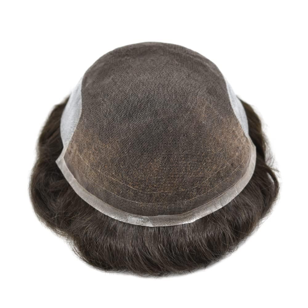 N\\P NP Toupee For Men Human Hair Replacement System For Men Toupee Grey Hair French Lace Hair Piece For Men Black Blonde Men Hairpiece For Thinning Hair 8\'\' x 10\'\' #3 Dark Brown 90% Density