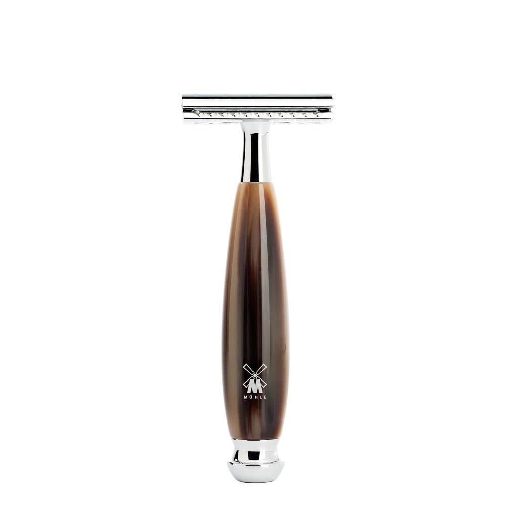 M MÜHLE MÜHLE VIVO Brown Horn Resin 4-piece Black Fibre Safety Razor Shaving Set
