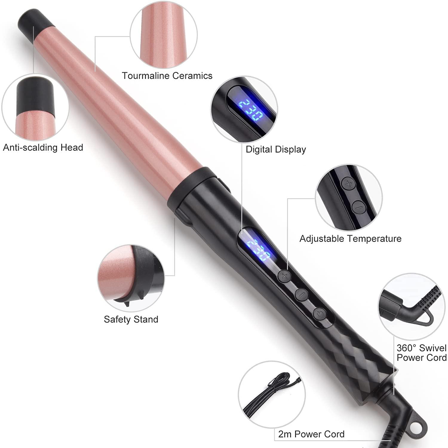 JAETON Curling Wand Iron, 1.25 Inch Tapered Curling Wand Large Ceramic Barrel for Natural Curls, Adjustable Temperature, Includes Glove