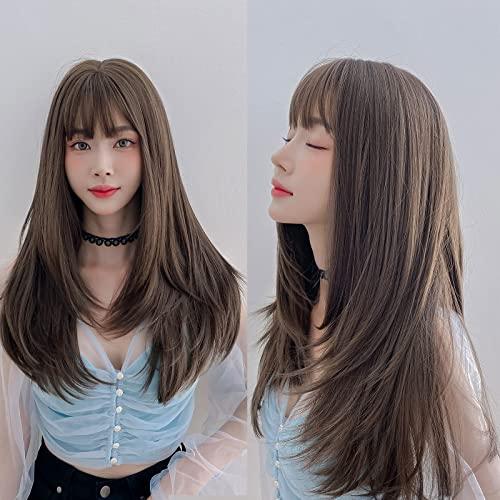 7JHH WIGS 7JHH WIGS Hair Dye Wig for Women Synthetic Hair Natural Long Straight Wig With Bangs (22inch, Cold brown)