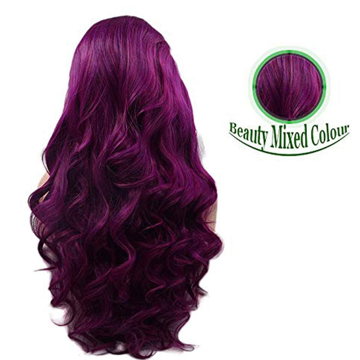 Karissa Hair Purple Lace Front Wigs for Women Body Wave Long Synthetic Realistic Hair Wig with Black Roots Glueless Hair Replacement Wigs 24 Inch