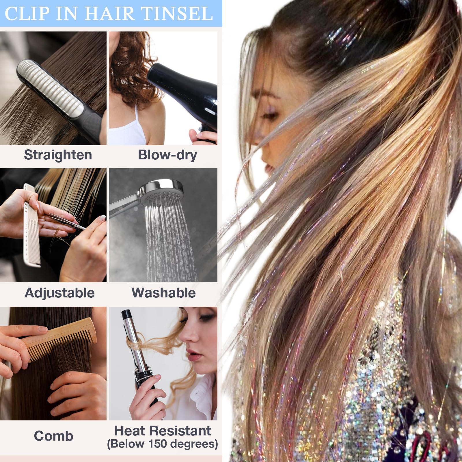 DOORES DOORES Hair Tinsel Kit 6 Pcs Tinsel Hair Extensions, 24 Inch Fairy Hair Accessories Dazzle Hair Sparkle Strands Shiny Glitter Hair Extensions Pink Hair Clip ins Hair Tinsel Kit for Girls (Pink)