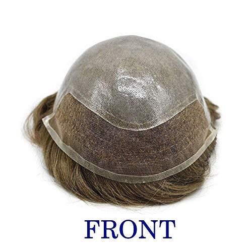 LHC French Lace Front Mens Mens Toupee Hairpiece Gray Hair Replacement Bleached Knot Wigs Poly Thin Skin Hair System For Men (8"x10", #760 Very Light Brown+60%Gray-120% Light to Medium)