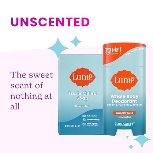 Lume Lume Whole Body Deodorant And Soap - 2.6 Ounce Smooth Solid Stick With 72 Hour Odor Control and 5 Ounce Triple Milled Soap - Aluminum Free, Baking Soda Free and Skin Loving (Unscented)