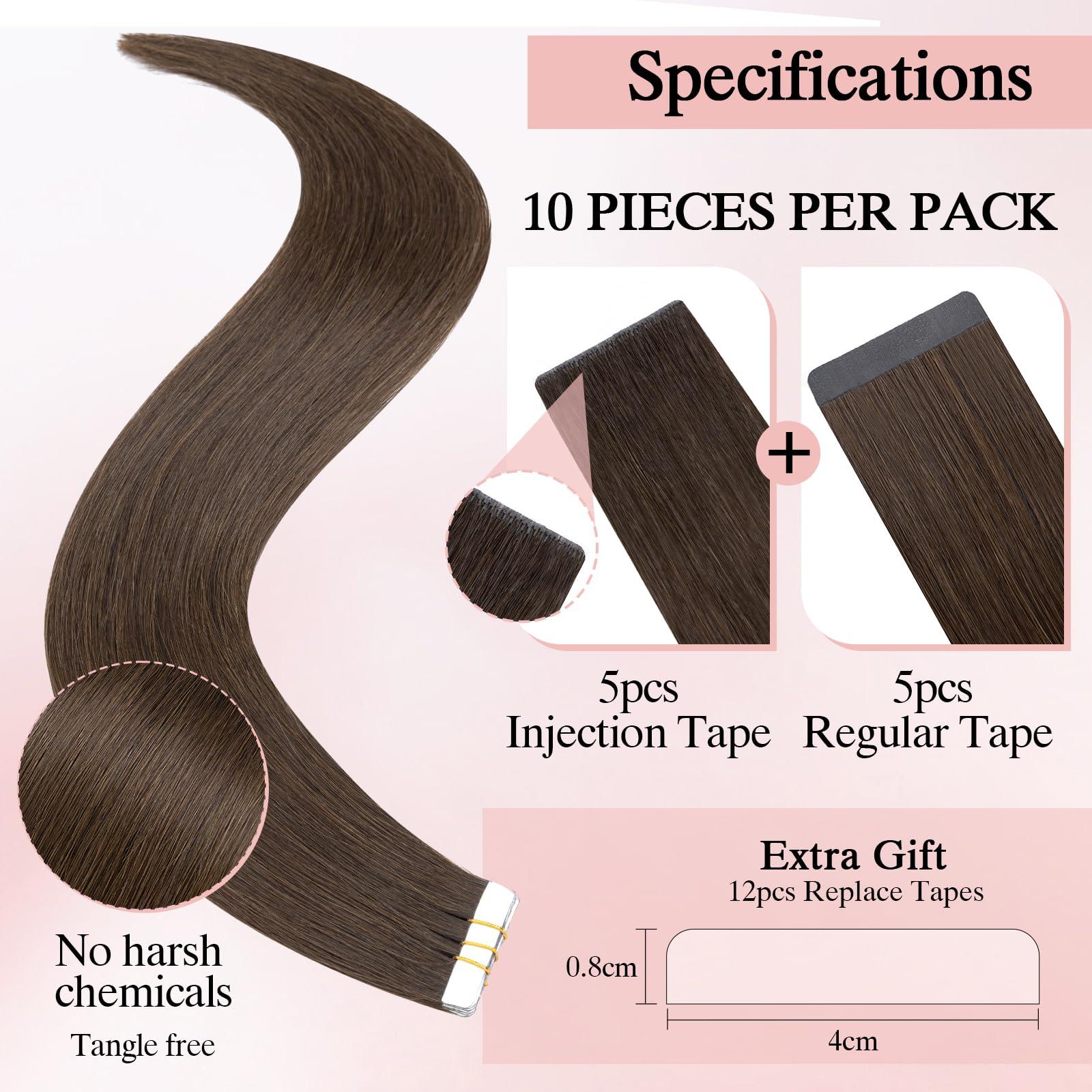 SEGO Pro SEGO Pro 10pcs Injection Tape in Hair Extensions Human Hair Straight Injected Tape in Hair Extensions Seamless Tape in Hair Extensions Insert Hair,10inch Dark Brown,20g/pack