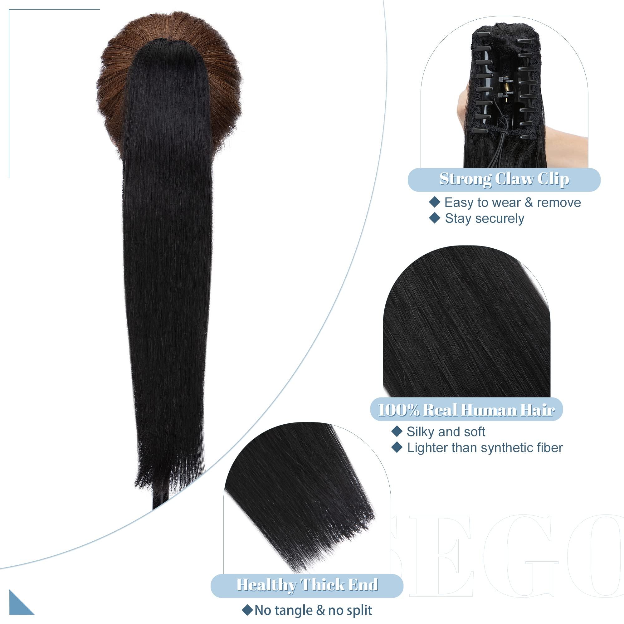 SEGO SEGO Claw Clip Ponytail Extension Human Hair Clip in Ponytail Hair Extensions 100% Real Human Hair Pony Tails Hair Extensions Long Straight For Women Jet Black 18 Inch 115g