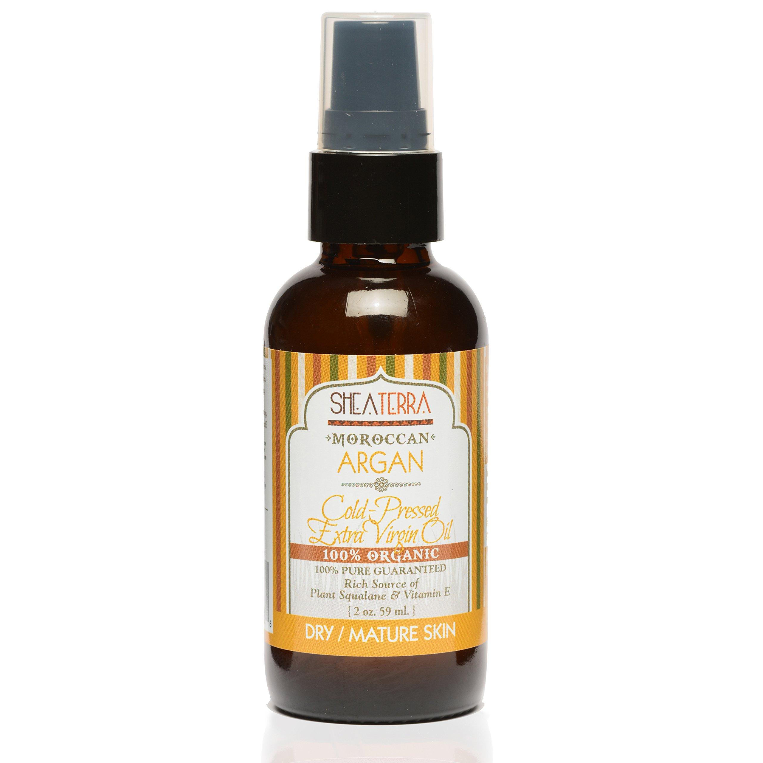 Shea Terra Organics Shea Terra Moroccan Argan Cold-Pressed Extra Virgin Oil | Nutrient-Rich, All Natural & Organic Oil with Anti-Aging Vitamin A and E to Increase Skin Elasticity for Dry, Mature Skin – 2 oz