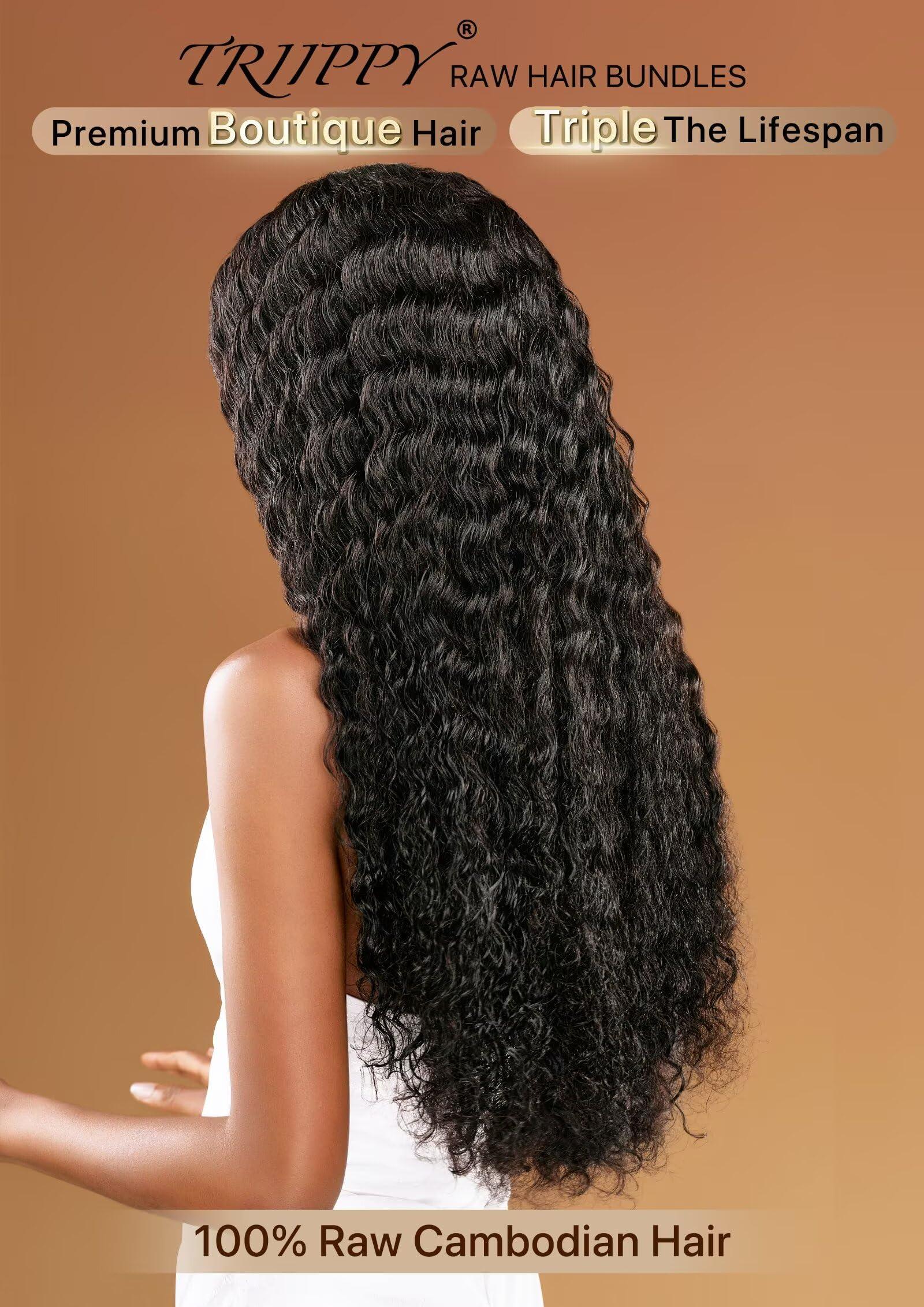 Triippy TRIIPPY Raw Human Hair Bundles,Triple Lifespan Than Regular Virgin Hair No.1 Sales Of Raw Hair Bundles,26 28 30 Inches Cambodia Raw Deep Wave 3 Bundles, Keep Soft and Smooth After Multiple Washes