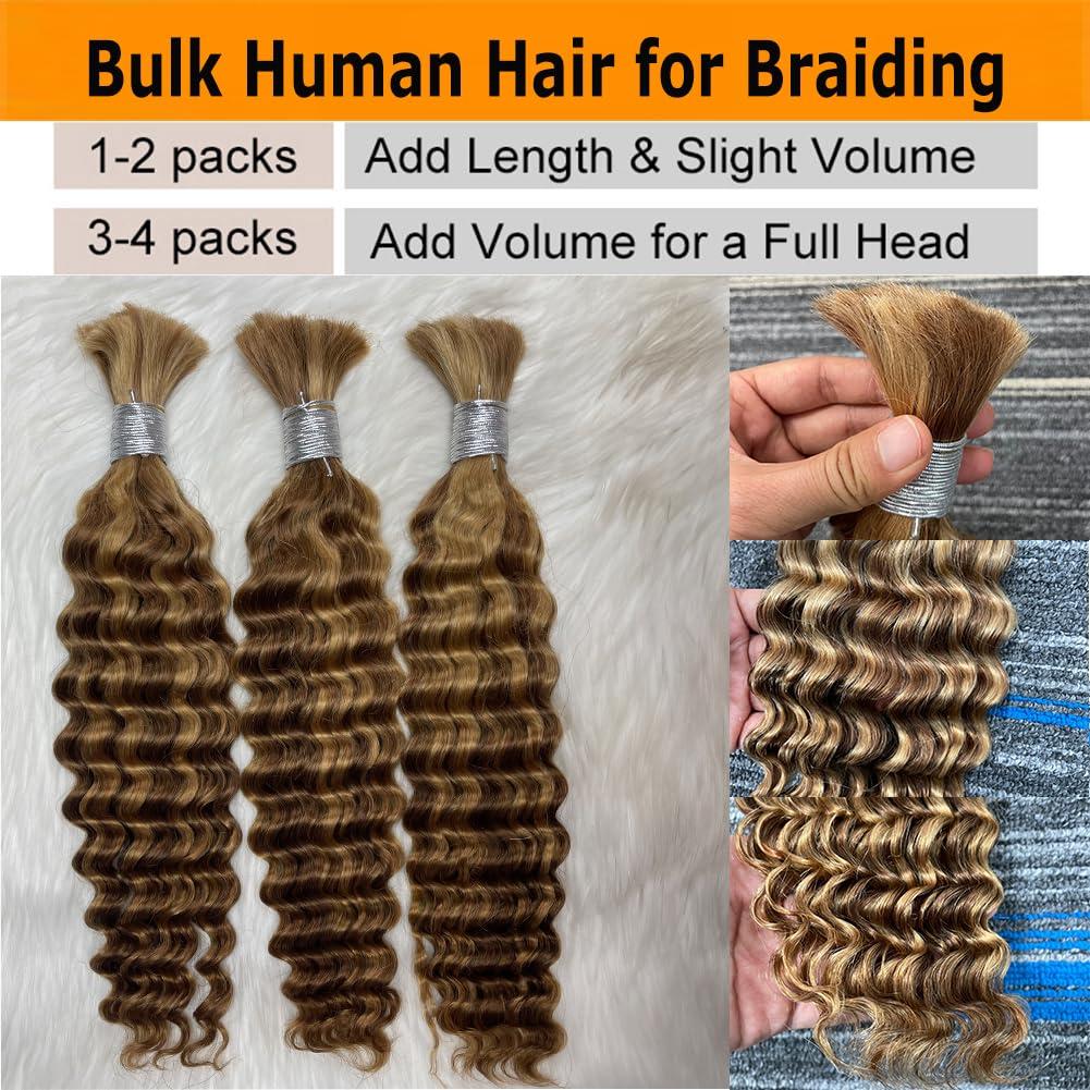 Kiss darling LASHES Micro Braiding Hair Deep Wave Bulk Human Hair for Braiding 14Inch No Weft 100g 100% Raw Human Hair Extensions Bulk Curly Human Hair for Boho Braids # 27P30 Highlight