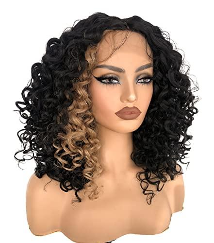 MITIMES MITIMES 16inch Blonde Skunk Stripe Curly Lace Front Wig Synthetic Human Hair Blend Glueless Pre Plucked HD Lace Short Curly Lace Front Wigs for Black Women