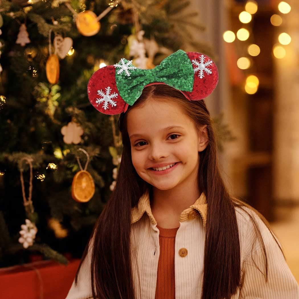 Tgirls Tgirls Christmas Mouse Ears Headband Shinny Bow Hair Hoop Snowflake Sequins Xmas Headbands for Women Girls Costume Party Birthday Hair Accressories (L)