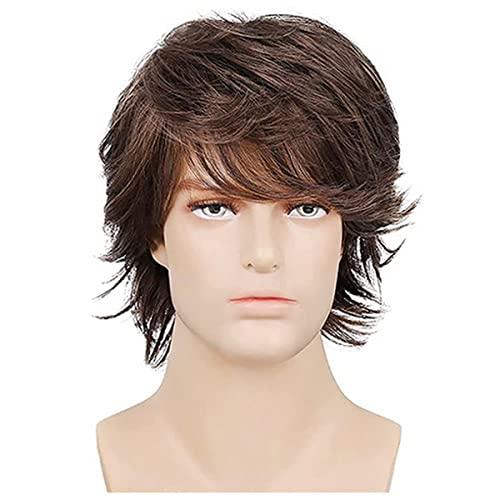 YWSQR Short Mens Wig|Brown Wigs for Men|Synthetic Mens Wigs|Fluffy 80s Wig for Party&Daily Use