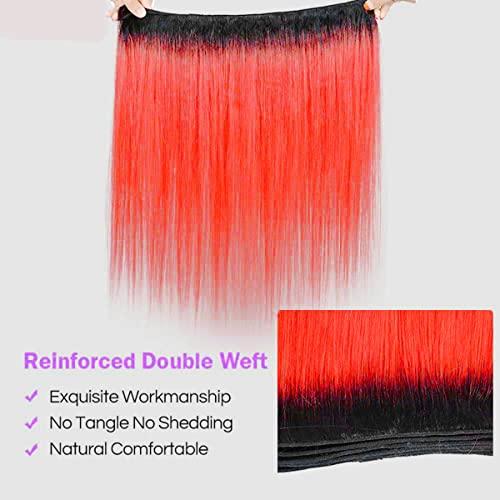 muaowig Red Human Hair Bundles Tow Tone Hair 3 Bundles Straight Ombre Red Bundles For Black Women Unprocessed Virgin Hair Weave 12 14 16 inch
