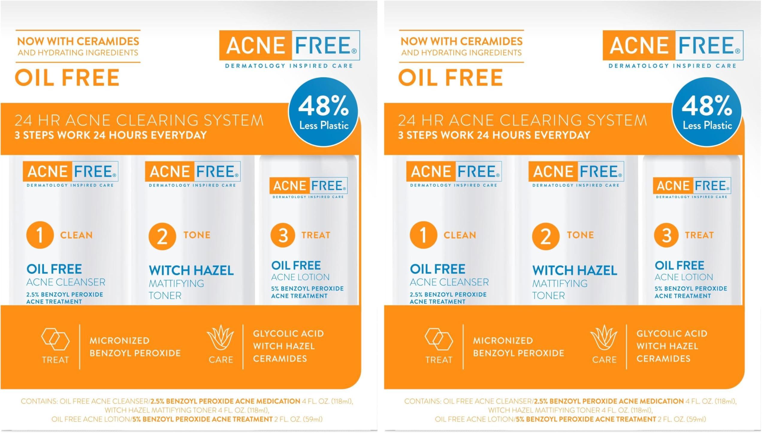 AcneFree AcneFree 3 Step 24 Hour Acne Treatment Kit - Clearing System W/Oil Cleanser, Witch Hazel Toner & Lotion - Acne Solution W/ Benzoyl Peroxide for Teens & Adults