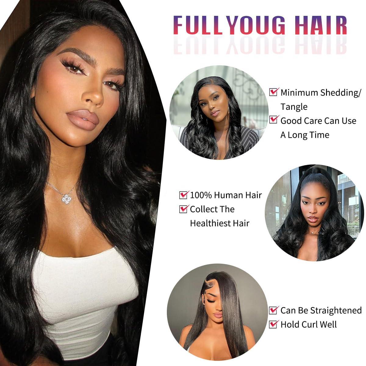 FULLYOUG 12A Body Wave Bundles Human hair 18 20 22 Inch Human Hair Bundles 3 Bundels Human Hair 100% Brazilian Bundles Human Hair Natural Black Quick Weave Bundels Human Hair Real Hair Extensions for Women