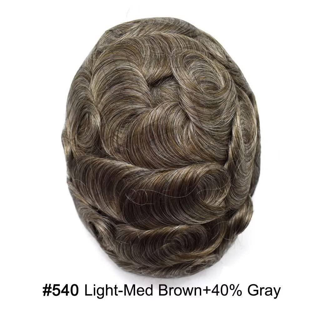 JUST HAIR French Lace Front Mens Toupee European Human Hair Piece Bleached Knots Natural Hairline Men Hair System Toupee for Men Hair Prostesis8X10\"-100% density#540 Medium Light Brown+40% Gray