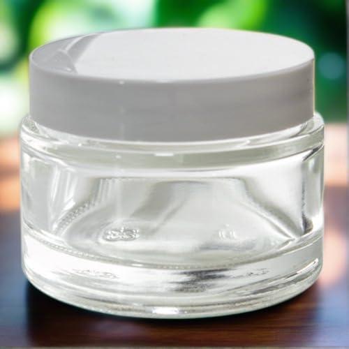 JUVITUS 2 oz Clear Glass Thick Wall Balm Jars with White Foam Lined Smooth Lids (6 pack)