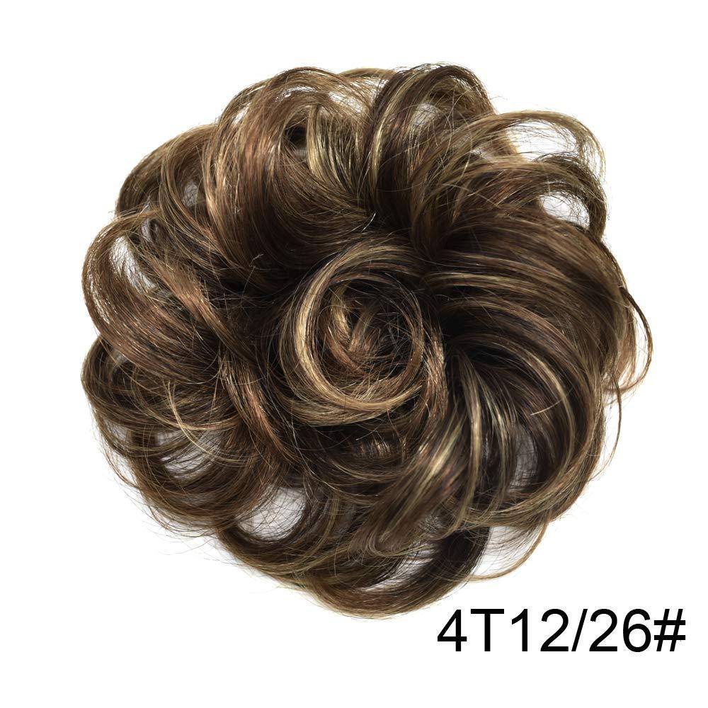 F M FACE MIRACLE NEW YORK FACE MIRACLE Curly Messy Rose Bun Hair Piece Updo Scrunchie Ponytail Natural As Human Hair (#4T12/26 Darkest Brown To Brown Auburn & Dark Ash Blonde)
