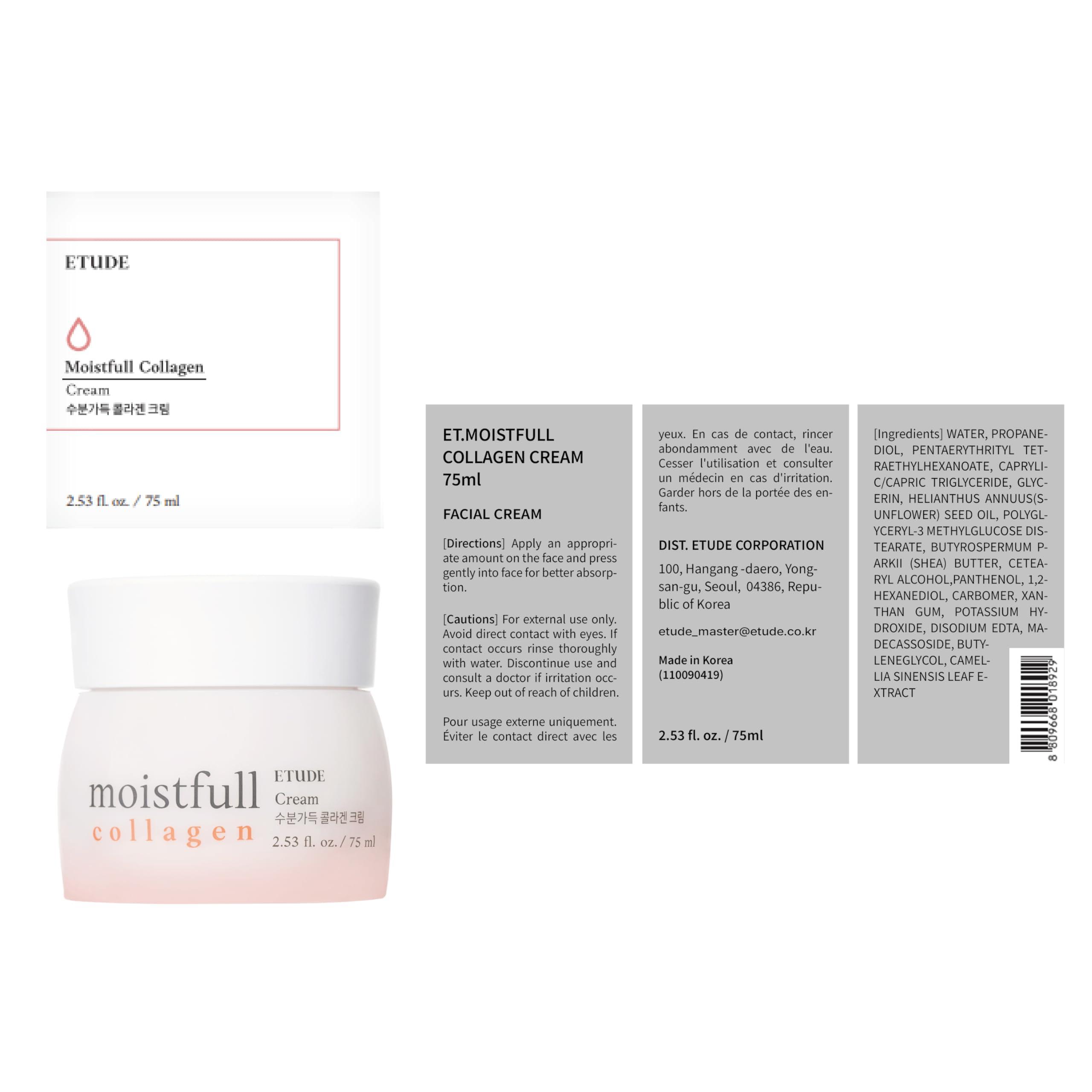 ETUDE ETUDE Moistfull Collagen Cream 2.53fl.oz(75ml) | Collagen Water Delivers Hydration To Make Your Skin Bouncy & Dewy | Soft And Adhering, Korean Skin Care, Kbeauty, Perfect for Gift