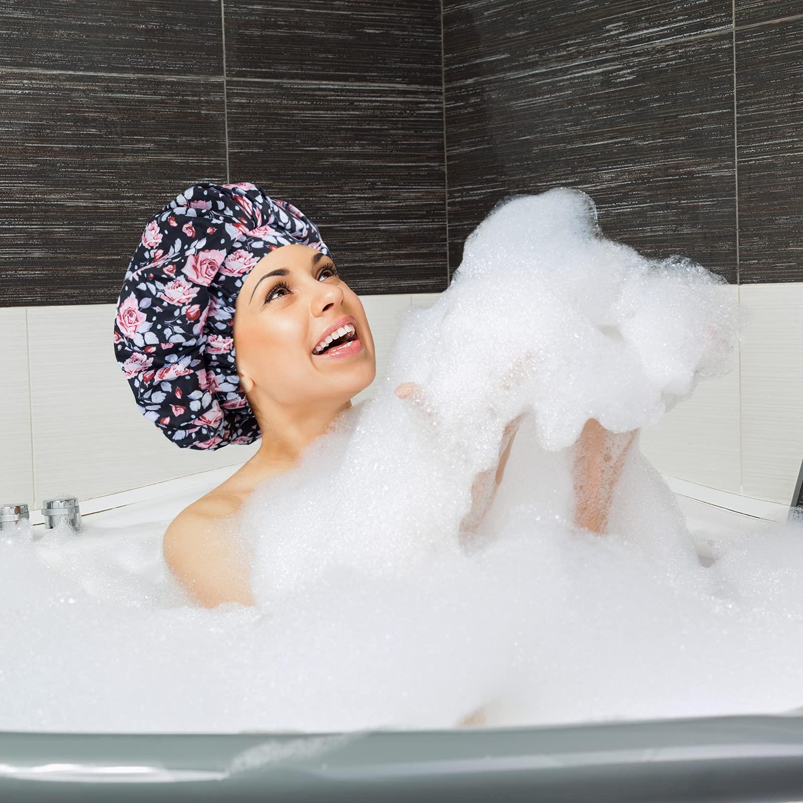 POZILAN Luxury Shower Cap for Women, Waterproof Reusable Shower Caps Double Layers Microfiber Terry Lined with Dry Hair Function, Extra Large for Long Hair, Adjustable for Most Heads Size