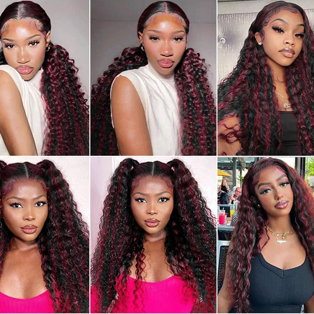 SUHKRPT Highlight Bundles P1B99J Deep Wave Human Hair Bundles Two Tone Black Mixed With 99J Burgundy Bundles Human Hair 3 Bundles 24 24 24 Inch Ombre Wine Red Bundles