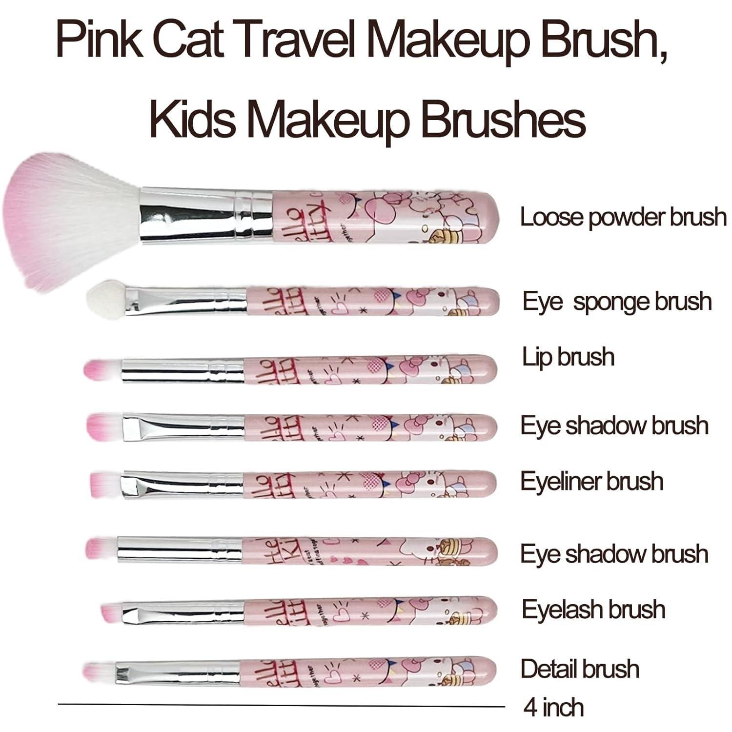 Holymid Kawaii Kitty 8PCS Makeup Brush with Storage Bucket and Headband, Cartoon Cat Cosmetic Makeup Brush Set Professional Tool Kit Set Brush Set Best Gift for Girl Women