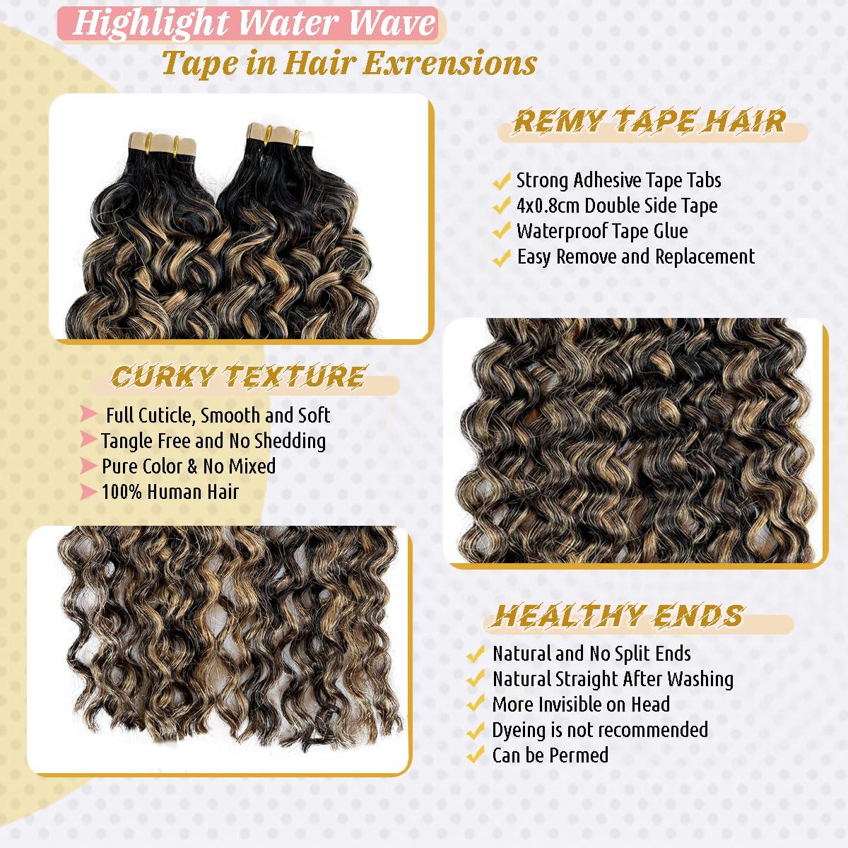 Smavida Water Wave Tape in Hair Extensions Human Hair Ombre Black Roots to Honey Blonde Tape ins Human Hair Extensions Invisible Glue in Hair Extensions Balayage Black Tape Hair Extensions for Black Women 20