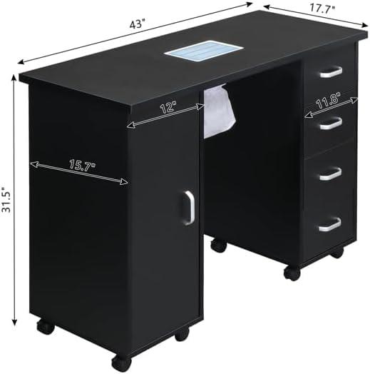 BRISKAIR Portable Manicure Nail Table on Wheels Single Door 4 Drawers with Fan for Home Spa Beauty Salon Workstation (Black)