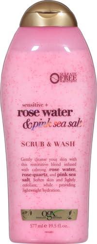 OGX OGX Sensitive + Pink Sea Salt & Rosewater Sulfate-Free Soothing Body Scrub with Healing Rose Quartz, Gentle Exfoliating Daily Body Wash to Soften & Smooth Skin, 19.5 Fl Oz