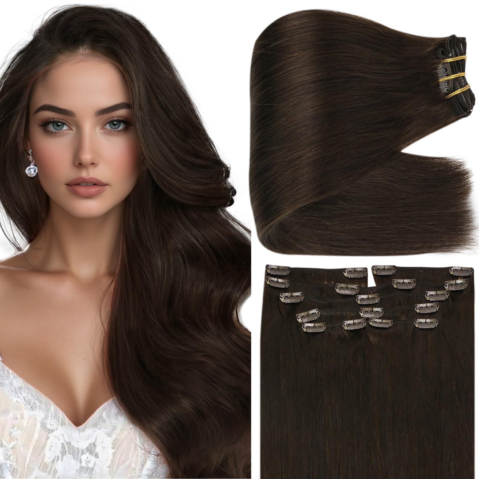 Full Shine Full Shine Clip in Hair Extensions Dark Brown 22 Inch Thick Hair Extensions Real Human Hair Straight Brown Invisible Remy Hair Extensions Clip in Human Hair Extra Volume 7 Pcs