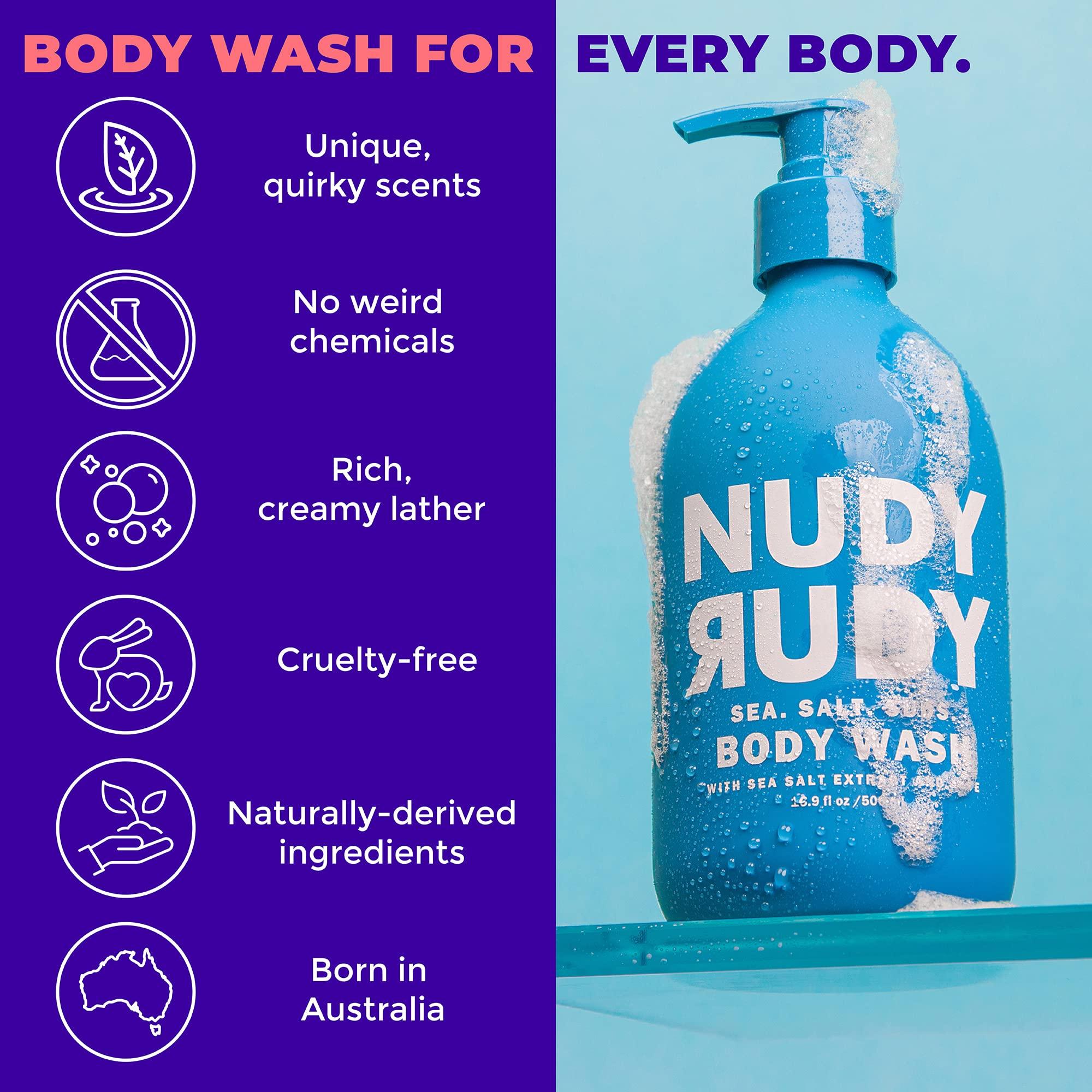 Nudy Rudy Nudy Rudy Sea Salt Suds 2 Pack, Liquid Body Wash Bundle with Bonus Soap Bar, Aloe Vera and Vitamin E, Moisturizing Shower Gel and Hand Soap for Men and Women 16.9 fl oz and 4.2 oz