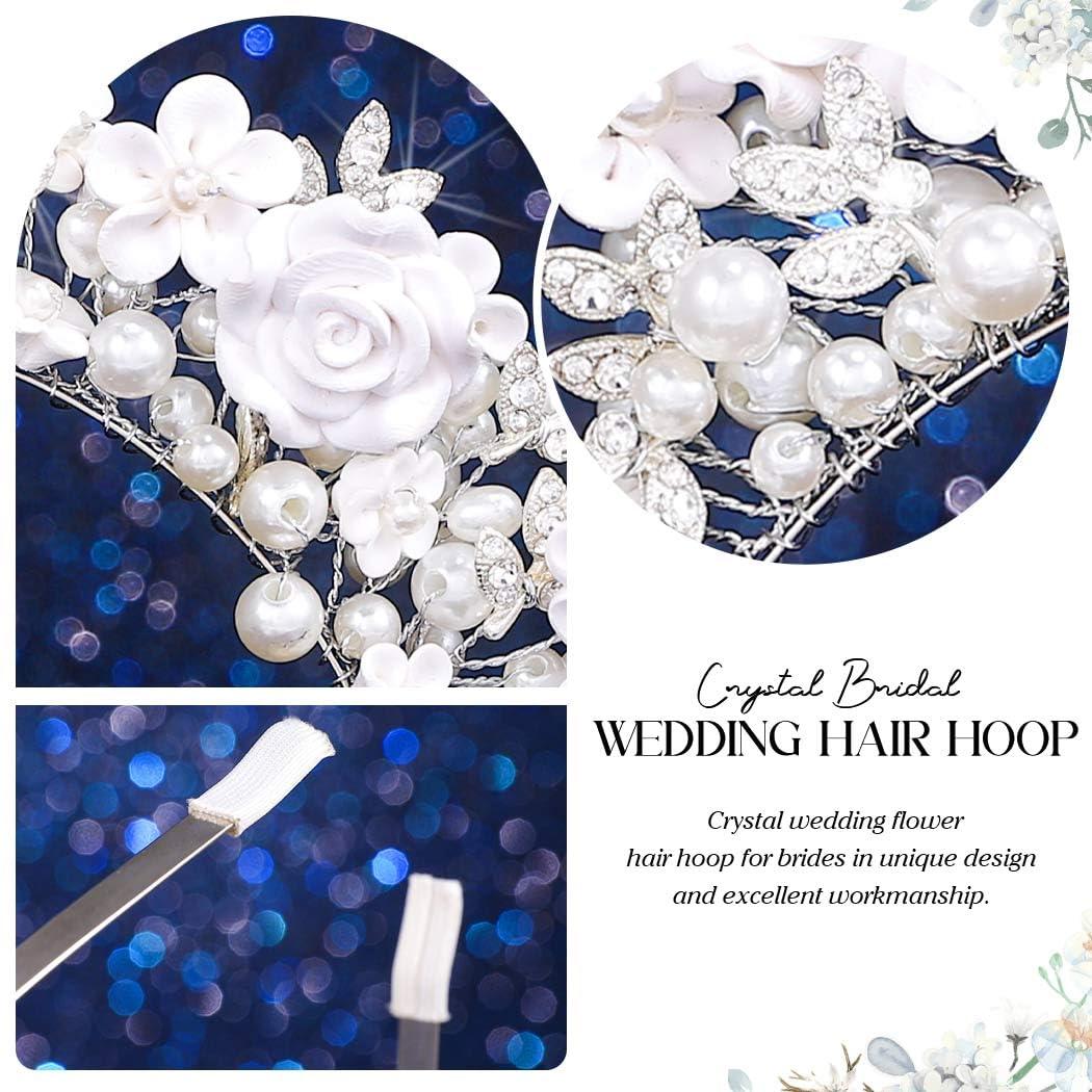 CAKURE CAKURE Flower Wedding Headband Silver Bridal Hair Band Pearl Floral Headpiece Wedding Hair Accessories for Women