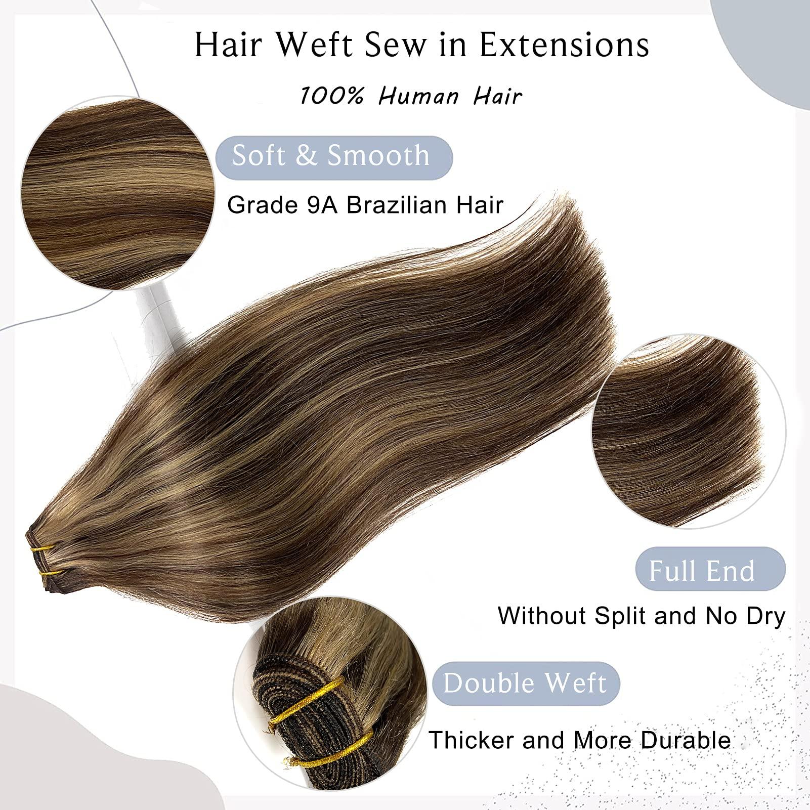 Ubetta Sew in Hair Extensions Real Human Hair,Balayage Weft Hair Extensions Human Hair Dark Brown Highlighted Ash Brown Hair Extensions Human Hair Bundles Hand Tied Weft Hair Extensions Human Hair 22" 120G