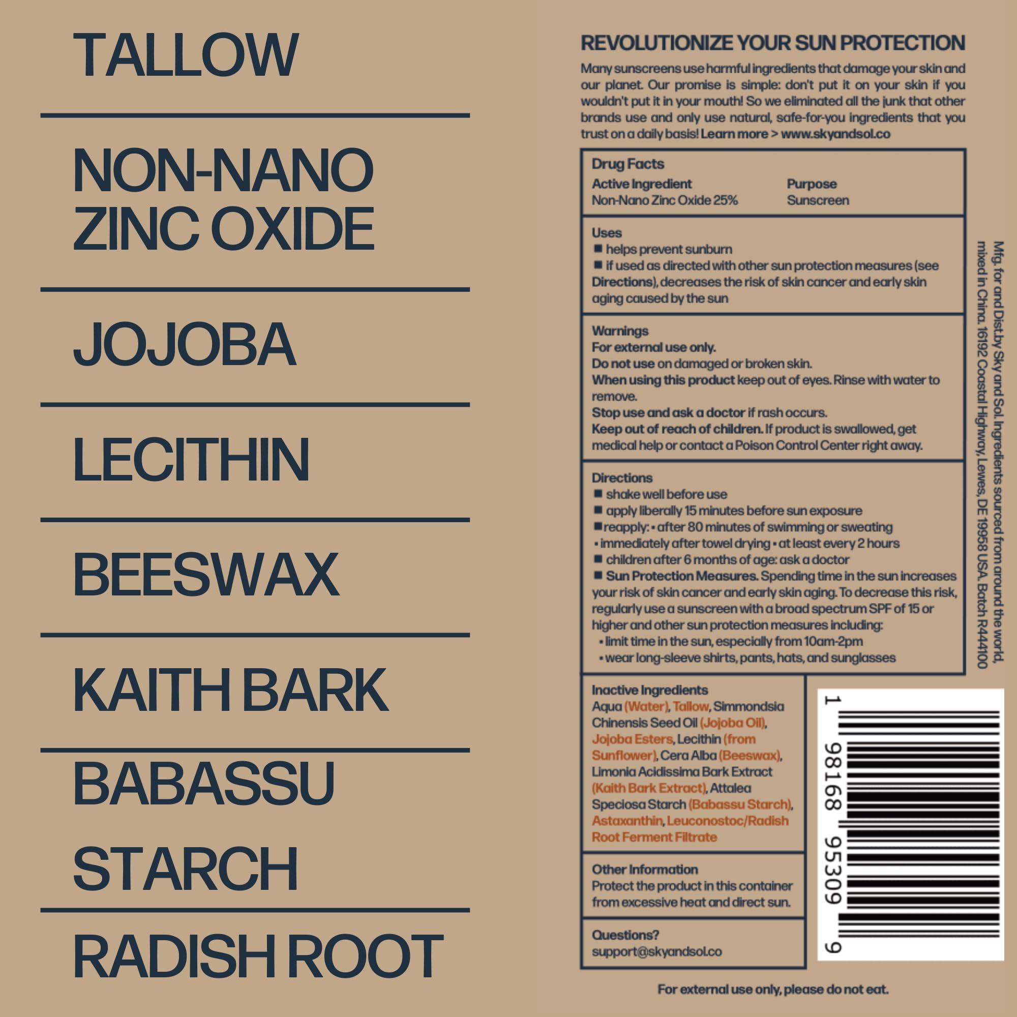 Sky and Sol Sky and Sol Non-Toxic Natural Mineral Sunscreen SPF 50 | Safest Organic Natural Tallow & Zinc Oxide Sunblock | Reef Safe, Clean Non-Greasy Formula for Face and Body | Women and Men. 3 oz (85 g)