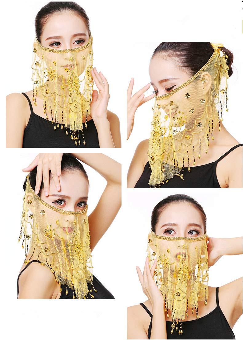 Baisdan Baisdan Womens Face Veils Belly Dance Costumes Womens Mesh Face Veil with Beaded Halloween Costume Accessory 1 (One Size, Yellow)