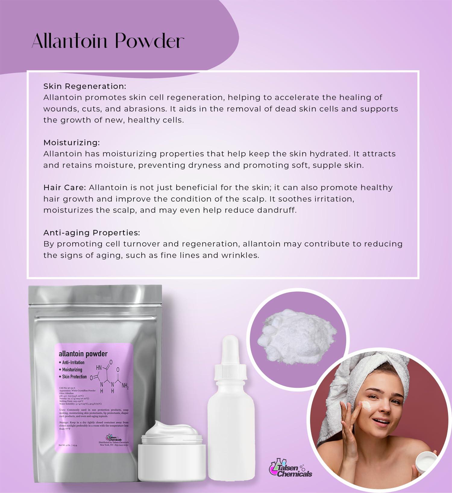 Talsen Chemicals Allantoin Powder Cosmetic Grade 1 Oz / 28 Grams - Organic Allintoin for DIY Emulsion Cream Lotion Skin Care - Hydrates & Promotes Exfoliating Dry Skin Ideal for Skincare by Talsen Chemicals