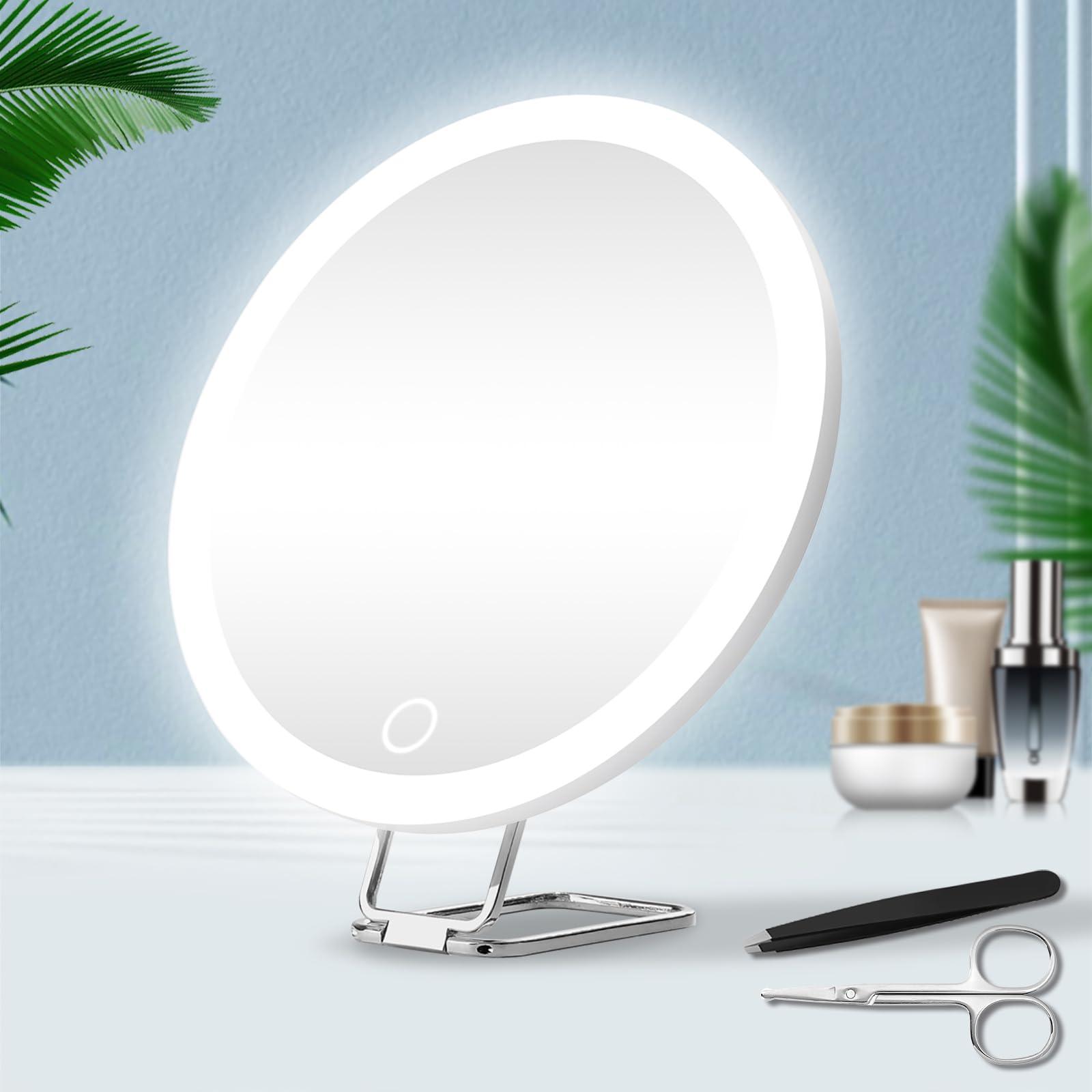 Jadazror 30X Magnifying Mirror with Lights, Large 6\'\' Makeup Magnifying Mirror, Lighted 30x Magnification High Magnifying Mirror, 30x Travel Magnifying Mirror with LED Lights, 3 Suction Cups & Adjustable Stand