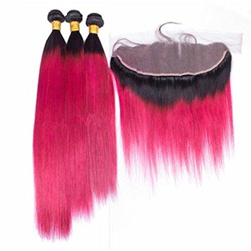 Tony beauty hair Tony Beauty Hair 1B/Hot Pink Ombre Human Hair Weaves Virgin Peruvian Hair Bundles with Ear to Ear 13x4 Lace Frontal Closure Straight Ombre Pink Human Hair 3 Bundle Deals with Frontals (14.14.14+14)