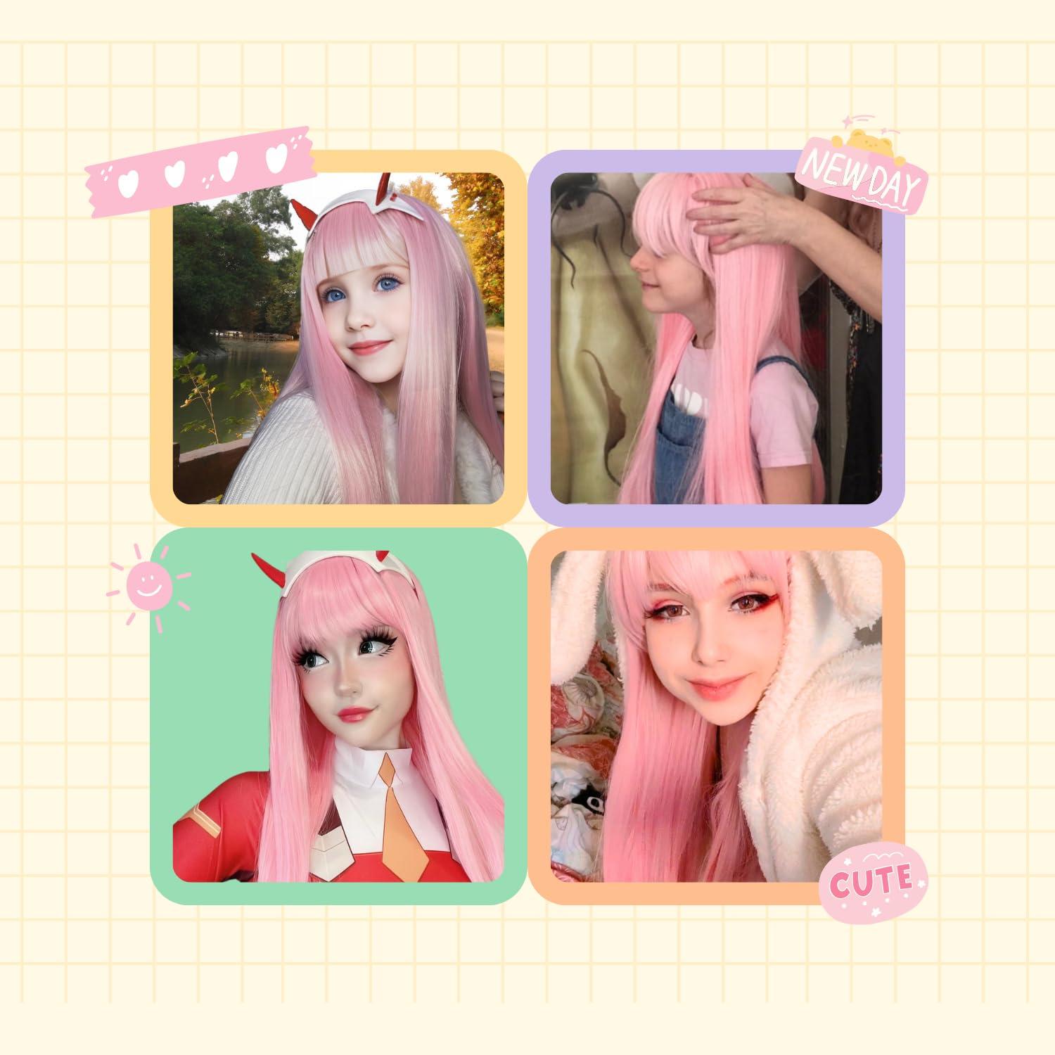 WAVELNM WAVELNM Pink Wigs for Kids Girls Long Light Pink Wig with Bangs Childrens Long Straight Wig Kids Daily Halloween Party Cosplay Wigs