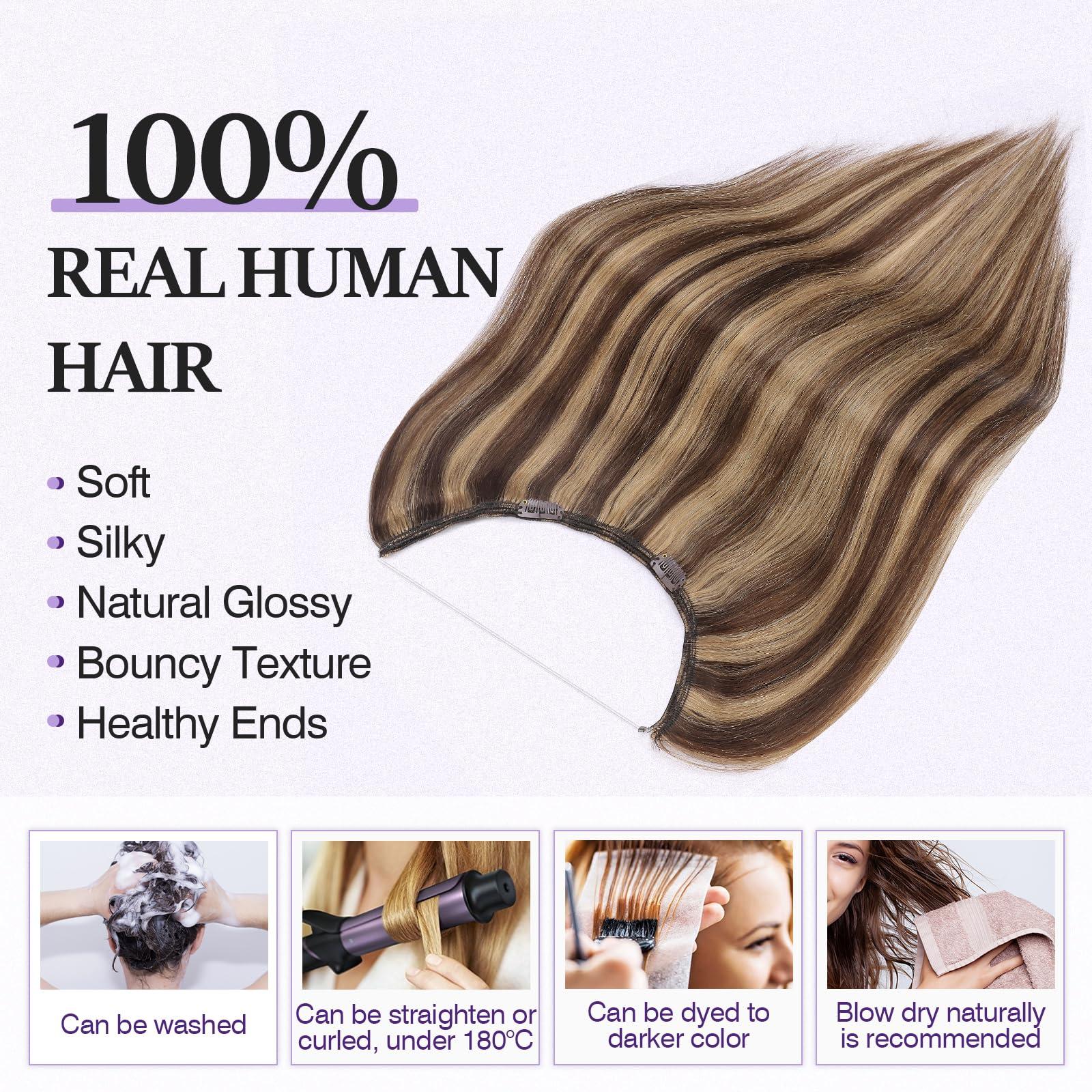 prokyvity Halo Hair Extensions Real Human Hair,Prokyvity 100% Human Hair Halo Extension,Halo Extensions Real Human Hair,Halo Hair Extension,Halo Hair 4P27 Medium Brown Mixed Dark Blonde 16inch