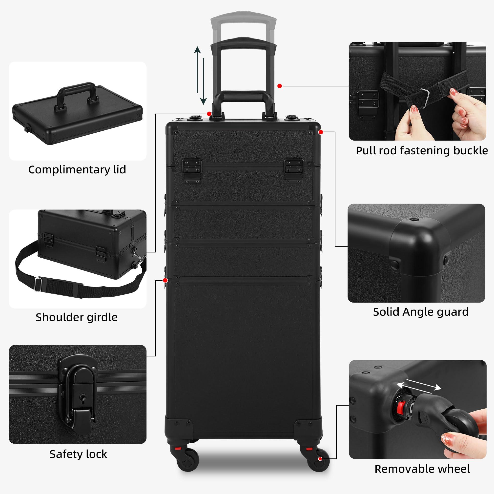 Somduy Somduy Rolling Makeup Case, Makeup Train Case with Lid, 5 in 1 Cosmetology Case on Wheels, Christmas Gift, Large Makeup Case Organizers, Profesional Cosmetic Case for Salon Barber, Black