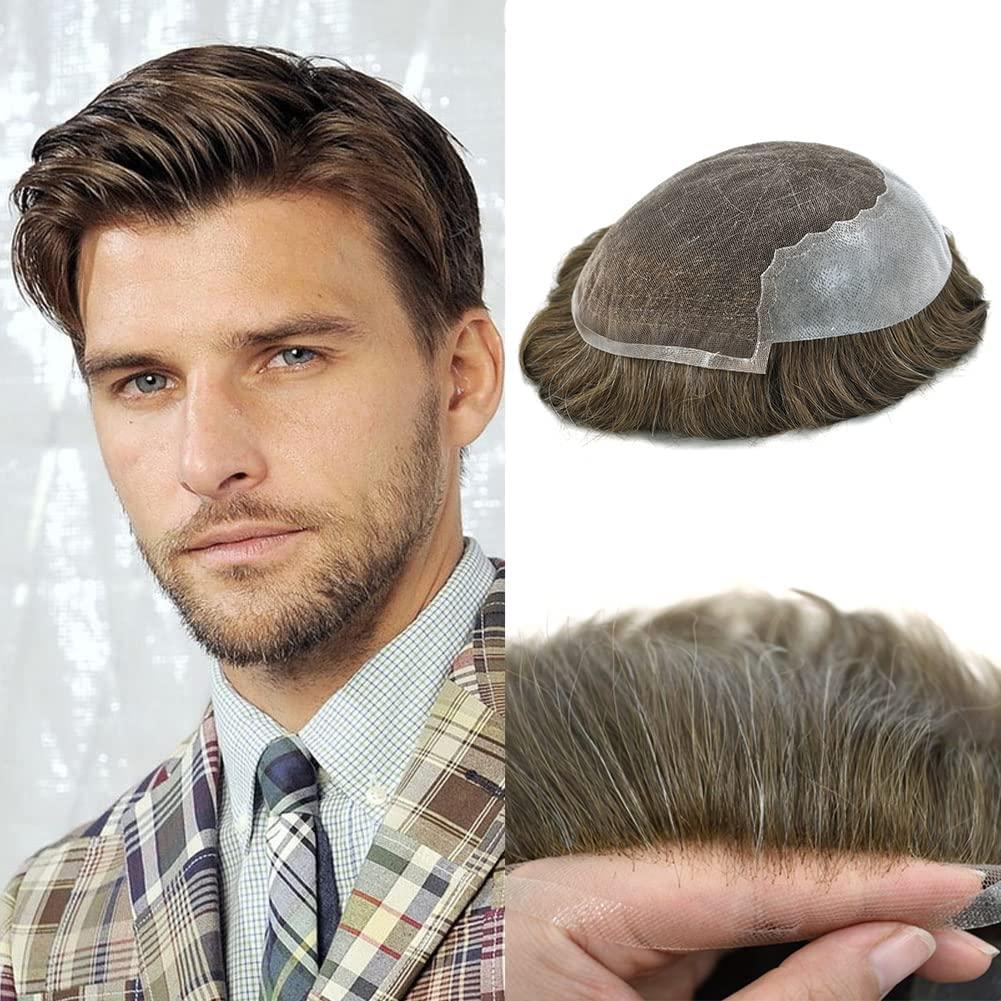 Just Hair Toupee for Men Hair Replacement Systems Swiss Lace Front Mens Toupee Bleached Knot Natural Human Hair Piece (5# Medium Light Brown, 7x9\"-90% Light Density)