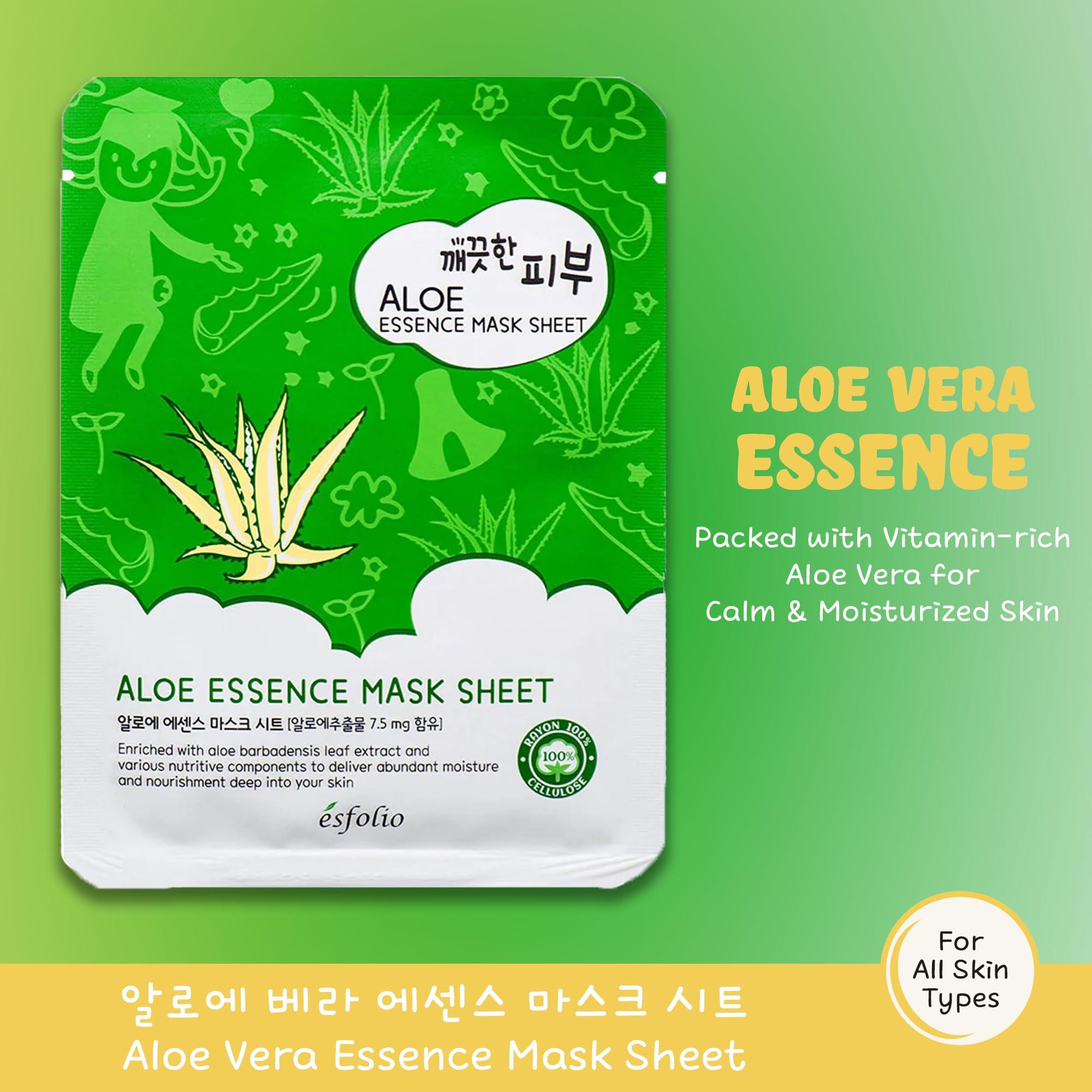 esfolio Esfolio Pure Skin Aloe Vera Essence Mask Sheet  Hydrating & Soothing Korean Face Mask for Dry, Sensitive, Sun-Exposed Skin  Moisturizing, Calming Skincare for Redness Relief Skin Repair (Pack of 10)