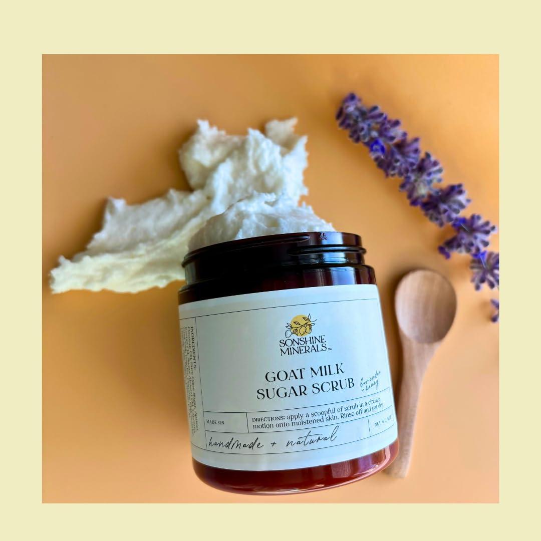 SONSHINE MINERALS Lavender Honey Goat Milk Sugar Scrub - Whipped with Coconut Milk for Silky Smooth Skin; Targets Bumpy Arms & Gentle on Sensitive Skin - Made in USA