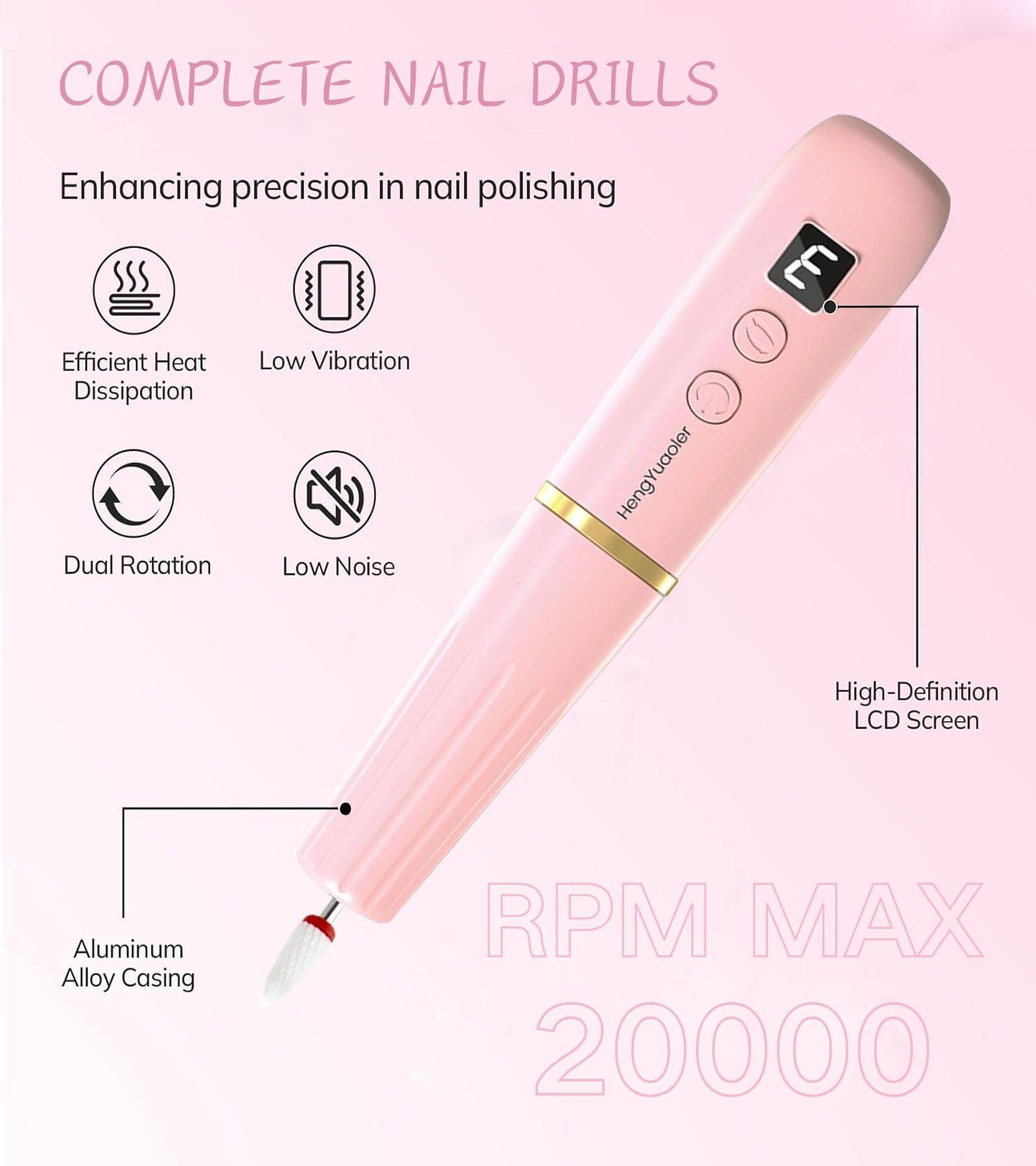 HengYuaoler HengYuaoler Electric Nail Drill Machine File Efile Set for Acrylic Gel Nails Portable Nail Drill Machine Kit Rechargeable Pedicure Tools for Hand Feet Manicure Pedicure Tools Polishing Set (Pink)
