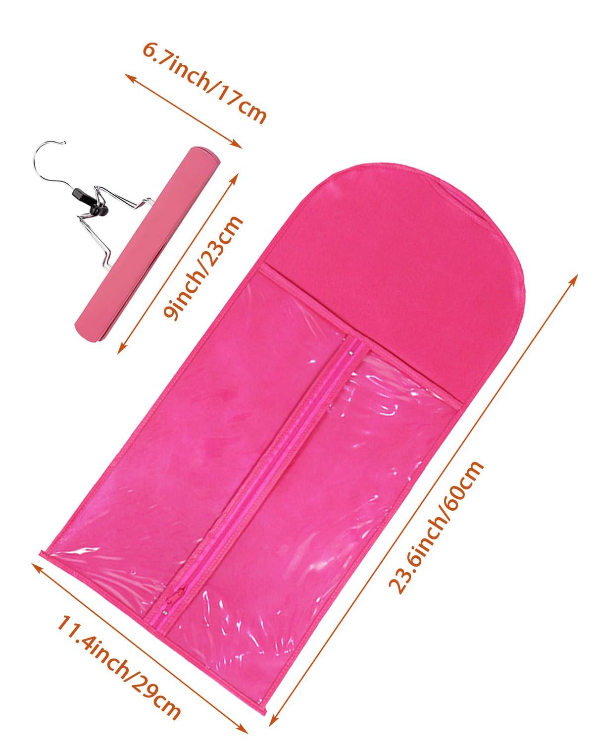 Whtawtaw 3 Pcs Hair Wig Extension Storage Bag, Hair Extensions Holder with Hanger, 11.4 * 23.6 inches, Portable Wig Bags Storage with Transparent Zipper Closure (Rose)