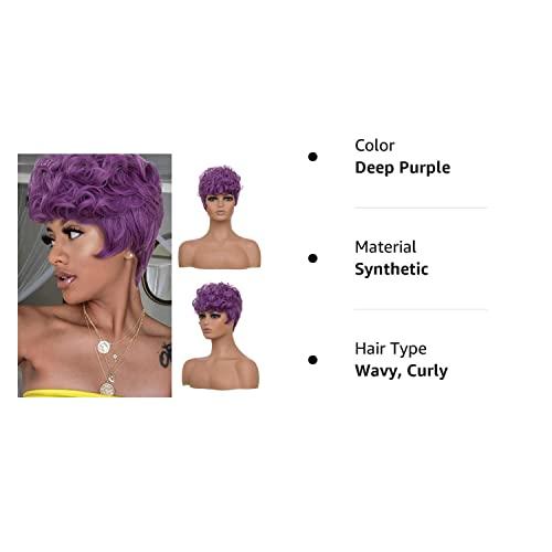 DOcute DOcute Black Short Pixie Cut Wigs for Black Women Short Wavy Hair Wig Pixie Cut Curly Wig with Bangs for Black Women Synthetic Fluffy Daily Wig Layered Heat Resistant Wigs (Deep Purple)